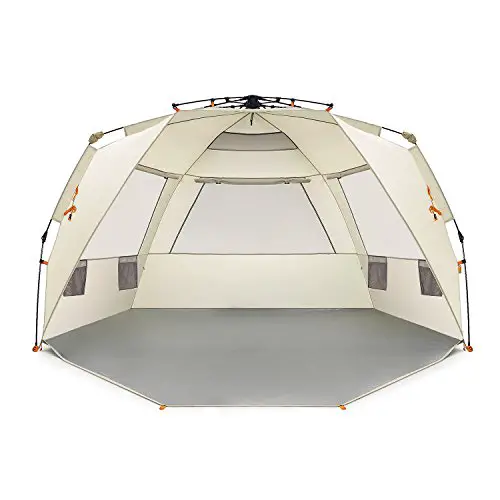 Easthills Outdoors Instant Shader Deluxe XL Beach Tent Easy Up 99' Wide for 4-6 Person Sun Shelter - Extended Zippered Porch Included Beige