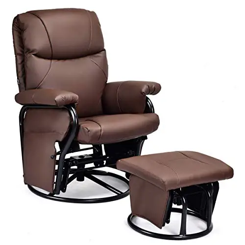 Giantex Glider Recliner with Ottoman, Swivel Glide Rocking Chair with Footrest Stool, 2 Massaging Zones & 4 Vibration Motors, PU Leather Lounge Armchair, 360 Swivel Overstuffed Padded Seat Chair