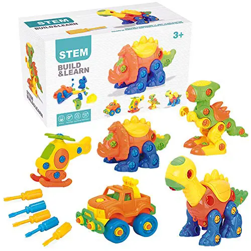 PUSITI Construction Toys Dinosaur Tinker Toys Take Apart STEM Learning Toys with Screwdriver Tools Set 145 Pcs Dino Helicopter Car Toys for Boys and Girls Age 3 4 5 6 Engineering Kit for Toddlers