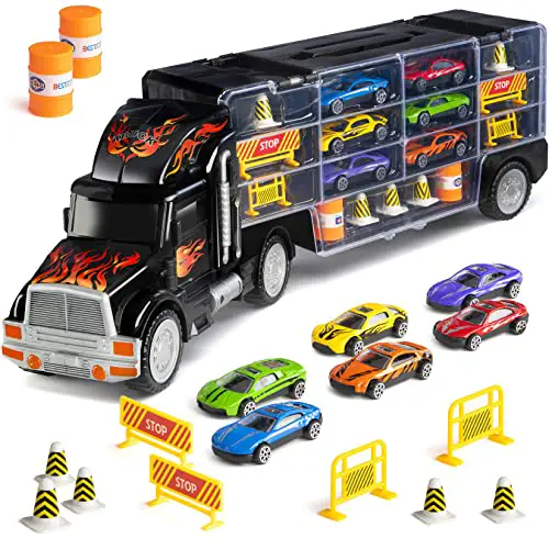 Toy Truck Transport Car Carrier - Toy truck Includes 6 Toy Cars and Accessories - Toy Trucks Fits 28 Toy Car Slots - Great car toys Gift For Boys and Girls - Original - By Play22