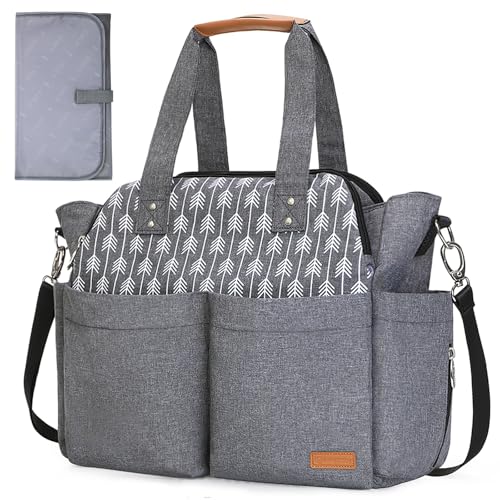 Lekebaby Diaper Bag Tote, Large Diaper Bags Waterproof,Large Mommy Bag for Hospital, Baby Bags for Mom Travel Diaper Tote Messenger Purse,Grey, Arrow Print